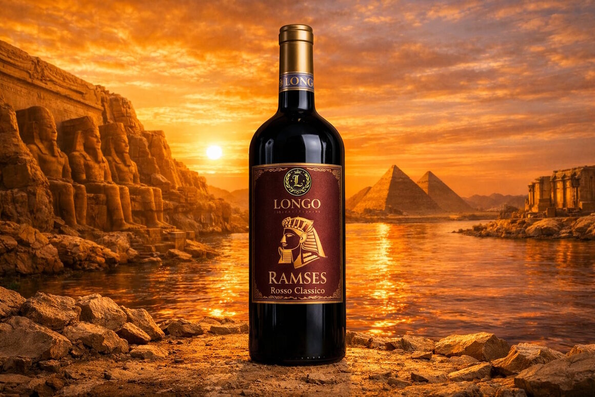 Bottiglia di vino rosso con calice su tavolo in legno